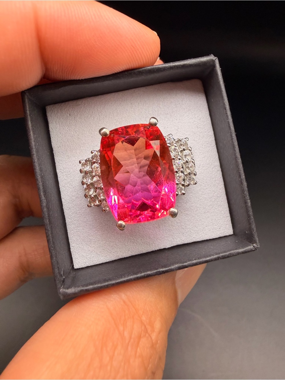 925 Sterling Silver Lab Pink Topaz & Moissanite Ring size 10.